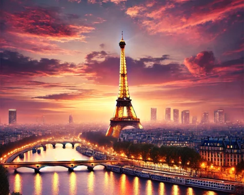 Vista panoramica di Parigi al tramonto con la Torre Eiffel illuminata e la Senna.