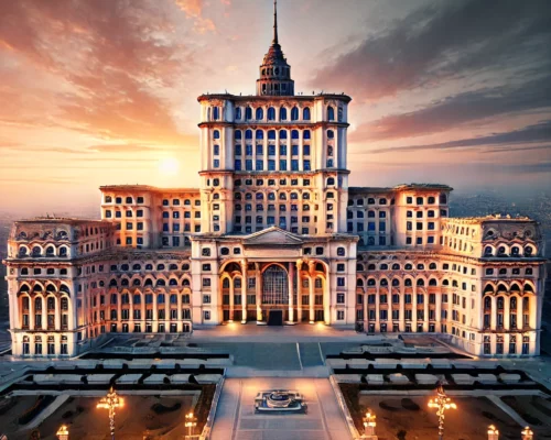 Vista frontale del Palazzo del Parlamento di Bucarest al tramonto, con il cielo colorato di nuvole e luci accese che illuminano l'edificio.